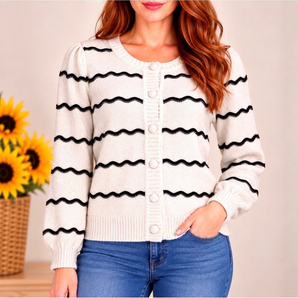 Marled Cardigan S Cream Good Wavy Stripe Button Front Wool Blend Puff Sleeve